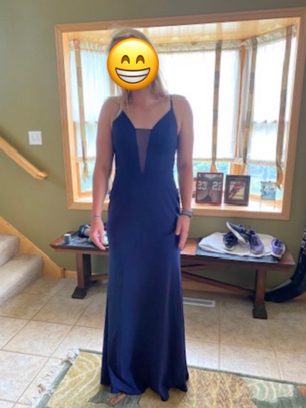 Elegant Navy Mesh-Inset Evening Gown - Women